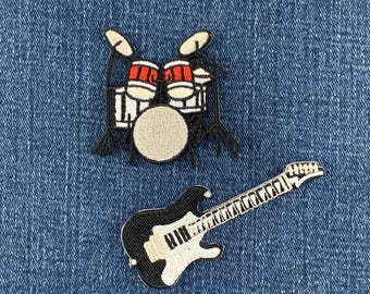 Juego de 2 parches de instrumentos musicales: insignias bordadas de batería y guitarra (para planchar)