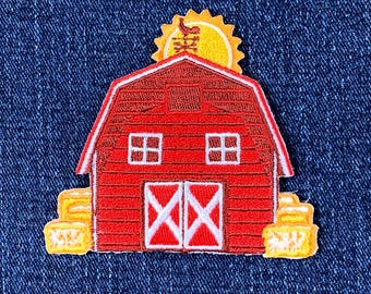 Red Barn Applique Patch - Embroidered Farmhouse & Rooster Weathervane Badge 3" (Iron on)