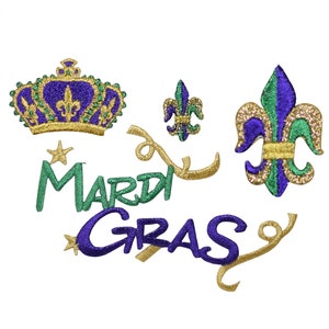 May include: A set of five Mardi Gras iron-on patches. The patches feature a gold crown with purple and green accents, two fleur-de-lis, and the words "Mardi Gras" in green and purple.