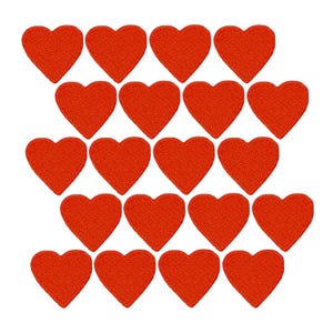 May include: A collection of nineteen identical red heart-shaped patches arranged in a grid pattern. Each patch features a textured surface and a classic heart silhouette with rounded lobes and a pointed bottom, presented against a plain white background.