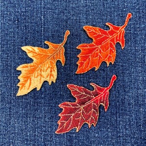 May include: Three embroidered autumn leaves in shades of orange, red, and burgundy. The leaves have stitched veins and are set against a blue denim background. Ideal for autumn crafts.