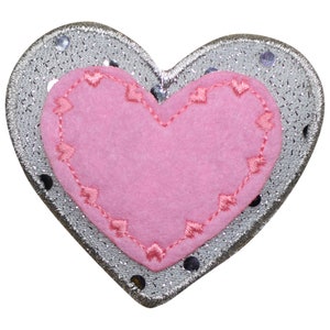 Heart Applique Patch - Pink Silver Layered Sparkle Love Badge 2.25&quot; (Iron on)