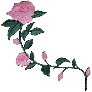 Large Pink Rose Applique Patch - Embroidered Flower Fashion & Gardening Badge 5.5" (Iron On)