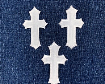 3-Pack White Satin Cross Applique Patch - Embroidered Christ Jesus Badge 2.5" (Iron On)