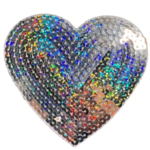 Extra Large Sequin Heart Applique Patch - Silver Colorful Sparkly Love Badge 4" (Iron on)