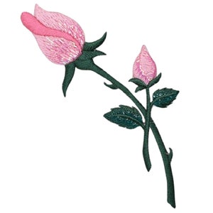 May include: A pink embroidered rose bud with a green stem and leaves.