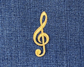 Gold G Clef Applique Patch - Embroidered Sheet Music Note Badge 2.25" (Iron On)