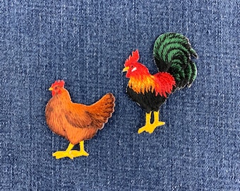 2-Pack Chicken Patch Set - Embroidered Farm Animal Hen & Rooster Badges (Iron On)