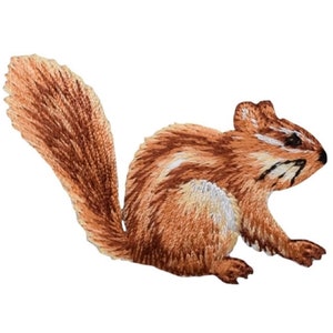 May include: Embroidered iron-on patch of a brown chipmunk with a bushy tail. The chipmunk is facing right and has a white stripe on its back.
