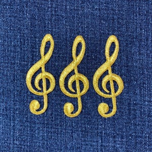 3枚パック ゴールド G 音部記号 アップリケ パッチ - 刺繍 楽譜 音符 バッジ 2.25インチ (アイロン接着)