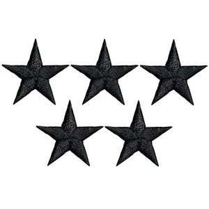 May include: Five black embroidered five-pointed stars. The stars are arranged in a row, with the points of the stars facing up.