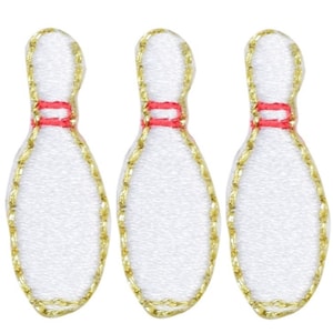 May include: Three white bowling pins with red stripes and gold outlines. The pins are embroidered and are approximately 1 inch tall.