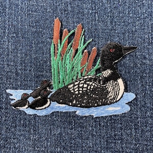Divers Loon Applique Patch - Embroidered Duck & Baby Chicks Cattails Badge 3.25" (Iron On)