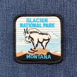 グレイシャー国立公園パッチ - 刺繍入りモンタナマウンテンゴートバッジ 3インチ (アイロンまたは縫い付け)