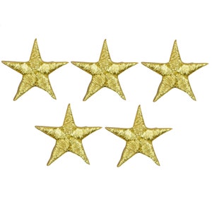 May include: Five gold embroidered star iron-on patches. Each star is about 1 inch wide.