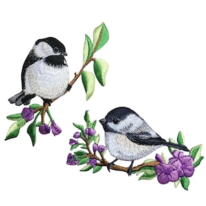 May include: Two embroidered iron-on patches of black-capped chickadees perched on branches with purple flowers.
