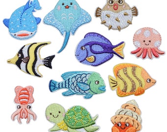 Small Sea Creatures Applique Patch Set - Ocean, Beach, Fish Badges (11-Pack or Sold Individually, Iron on)
