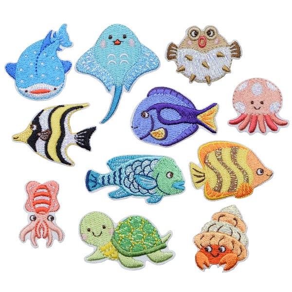 Ensemble de patchs appliqués créatures marines – Océan, plage, badges de poisson (paquet de 11 ou vendu individuellement, thermocollant)