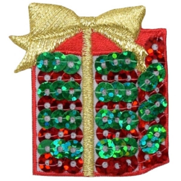 Christmas Applique Patch - Gift, Present, Gold Bow, Holidays 1.75" (Iron on)