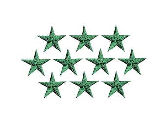 May include: Ten green star-shaped embroidered patches on a white background. Each star has five points and a textured appearance, suggesting a stitched design. The stars are evenly spaced.