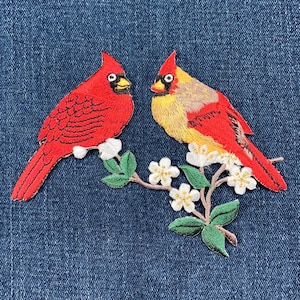 Two Cardinals On A Branch Applique Patch - Embroidered Bird Badge 5.25&quot; (Iron On)