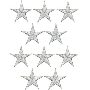 May include: Ten silver embroidered star iron-on patches. Each star is approximately 2.5 cm in diameter.
