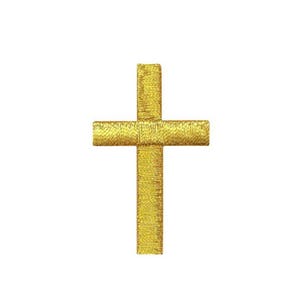 May include: A gold-colored embroidered cross on a white background. The cross is a traditional Christian symbol, with a vertical bar intersected by a horizontal bar. The embroidery has a textured appearance.