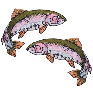 Rainbow Trout Applique Patch Set - Fish Fishing Fisherman Embroidered Badge 2-1/8" (2-Pack, Iron on)
