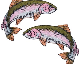 2-Pack Rainbow Trout Applique Patch Set - Embroidered Fish Badges 2-1/8" (Iron On)
