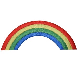 May include: An embroidered patch shaped like an arch, featuring a rainbow design. The patch has red, orange, yellow, green, blue and purple stripes.