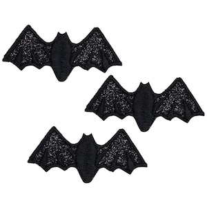 3-Pack Black Bat Applique Patch - Sparkly Glitter Embroidered Halloween Badge 2" (Iron On)
