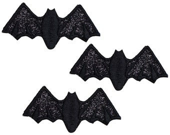 Black Bat Applique Patch - Sparkly Halloween Badge 2" (3-Pack, Iron on)