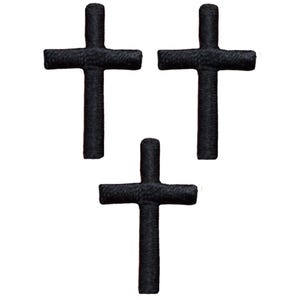 May include: Three black embroidered iron-on patches in the shape of a cross.