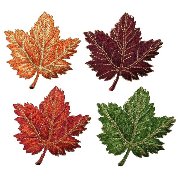 Maple Leaf Applique Patch Set - Orange Burgundy Tan Green Autumn Fall Leaf 2-3/8" (4-Pack or Sold Individually, Iron on)