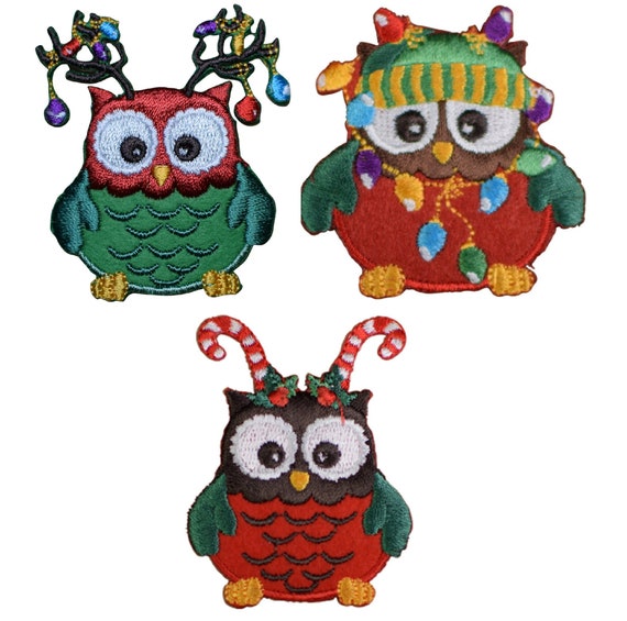 Christmas Owl with Ornaments in Antlers Applique Patch Iron on