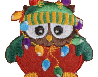 Christmas Owl Applique Patch - Embroidered Holiday Lights Badge 2.5"  (Iron On)