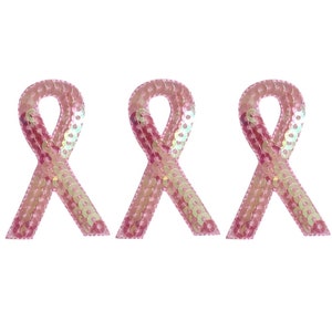 Pink Ribbon Applique Patch - Sequin, Breast Cancer Awareness 2&quot; (3-Pack, Iron on)