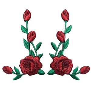 Red Rose Applique Patch Set - Flower Bloom Badge 2-3/8" (2-Pack, Iron on)