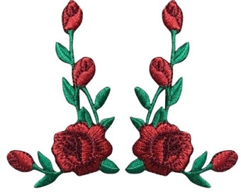 Red Rose Applique Patch Set - Flower Bloom Badge 2-3/8" (2-Pack, Iron on)