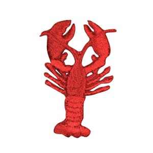 May include: A red embroidered lobster patch. The patch features a detailed design of a lobster with its claws raised. The lobster is a vibrant red color and is set against a white background. The patch is likely for clothing or accessories.