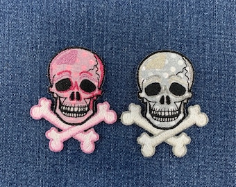 2-Pack Shimmery Skull & Crossbones Patch Set - Embroidered Skeleton Badges 2.75" (Iron On)