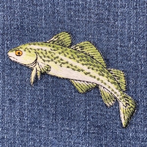 Könnte beinhalten: Ein gestickter Fisch-Patch in Grün und Weiß auf einem blauen Jeans-Hintergrund.