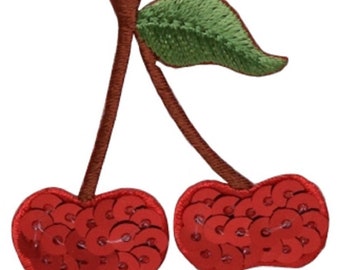 Cherry Applique Patch - Sequin Cherries, Berries, Fruit Food Badge 3" (Iron on)
