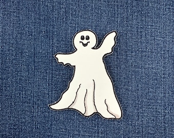Parche grande de fantasma - Insignia bordada de fantasma sonriente de Halloween de 8,9 cm (para planchar)