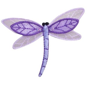 May include: A purple dragonfly with a white and purple patterned design. The dragonfly has a long, thin body and two pairs of wings.
