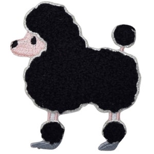 May include: Black and white embroidered poodle patch with pink accents. The poodle is standing with its legs outstretched.