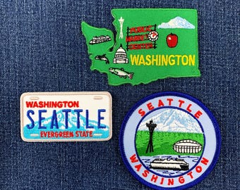 Juego de 3 parches de Seattle, Washington: parches bordados con mapa de matrícula y paisaje urbano (para planchar).