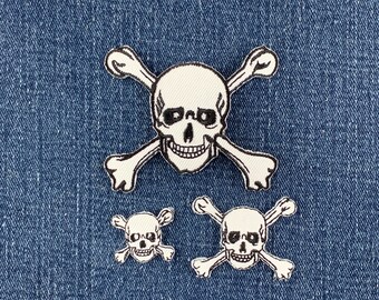 Juego de 3 parches de calavera y tibias cruzadas - Insignias bordadas de esqueletos de Halloween (para planchar)