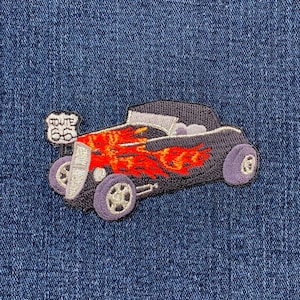 Hot Rod Applique Patch - Embroidered Ford Hi-Boy Car Route 66 Badge 3.5" (Iron On)