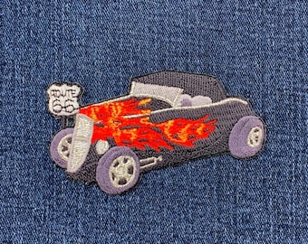 Hot Rod Applique Patch - Embroidered Ford Hi-Boy Car Route 66 Badge 3.5" (Iron On)
